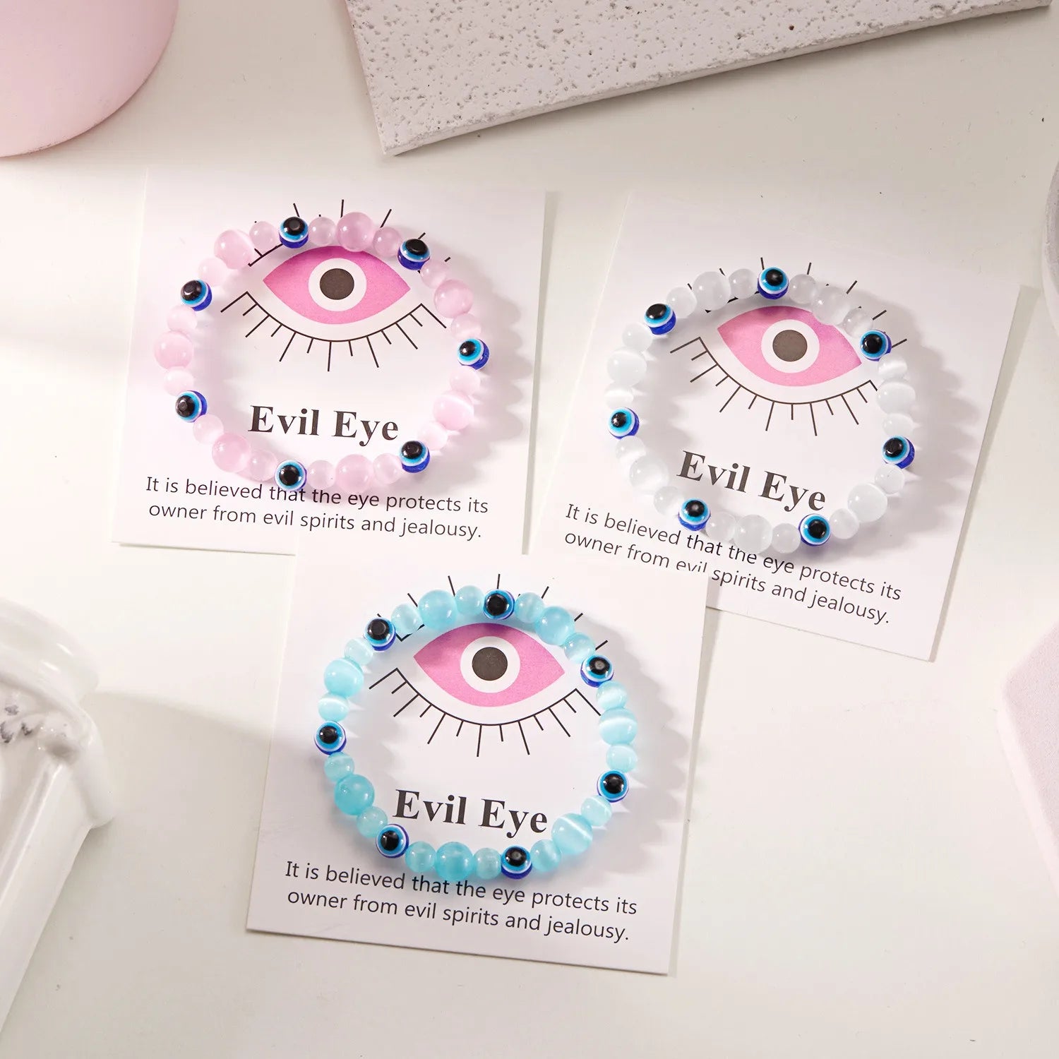 Friendship Boho Style Evil Eye Card Shiny Pink Blue White Cat Eye Round Stone Beads Turkey Blue Evil Eye Bracelet