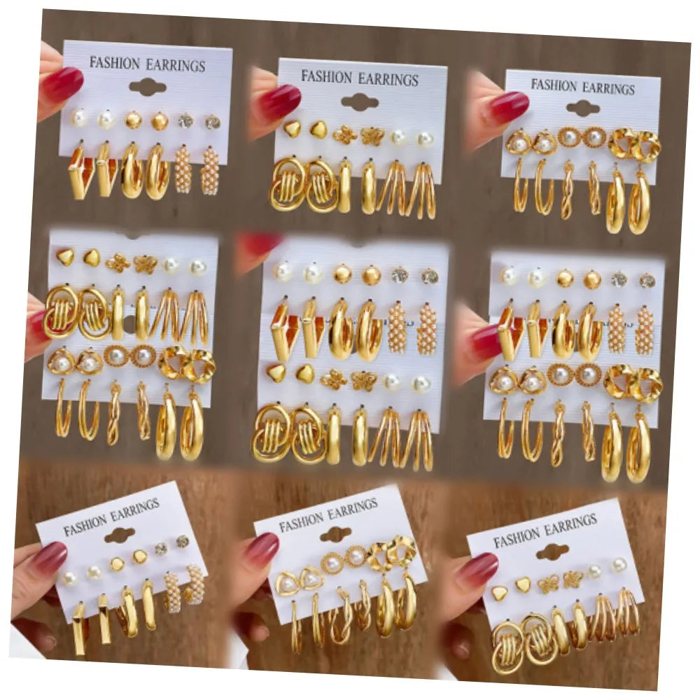 New Fashion Geometry Heart Pearl Gold Plated Big Hoop Stud Earrings Set for Women Jewelry Party Gift