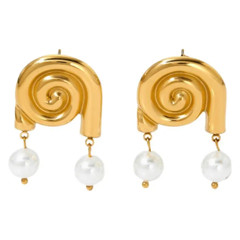 New Summer Ocean Style Stainless Steel Women Jewelry 18k Gold Plated Conch Shaped Pearl Pendant Earrings YF6358