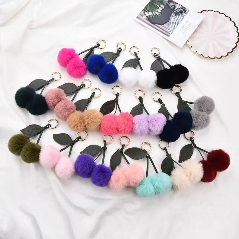 Wholesale Cartoon Mini Fruit Cherry Keychain Fur Ball Pom Pom Keychain Plush Ball Accessories Handbag Pendant