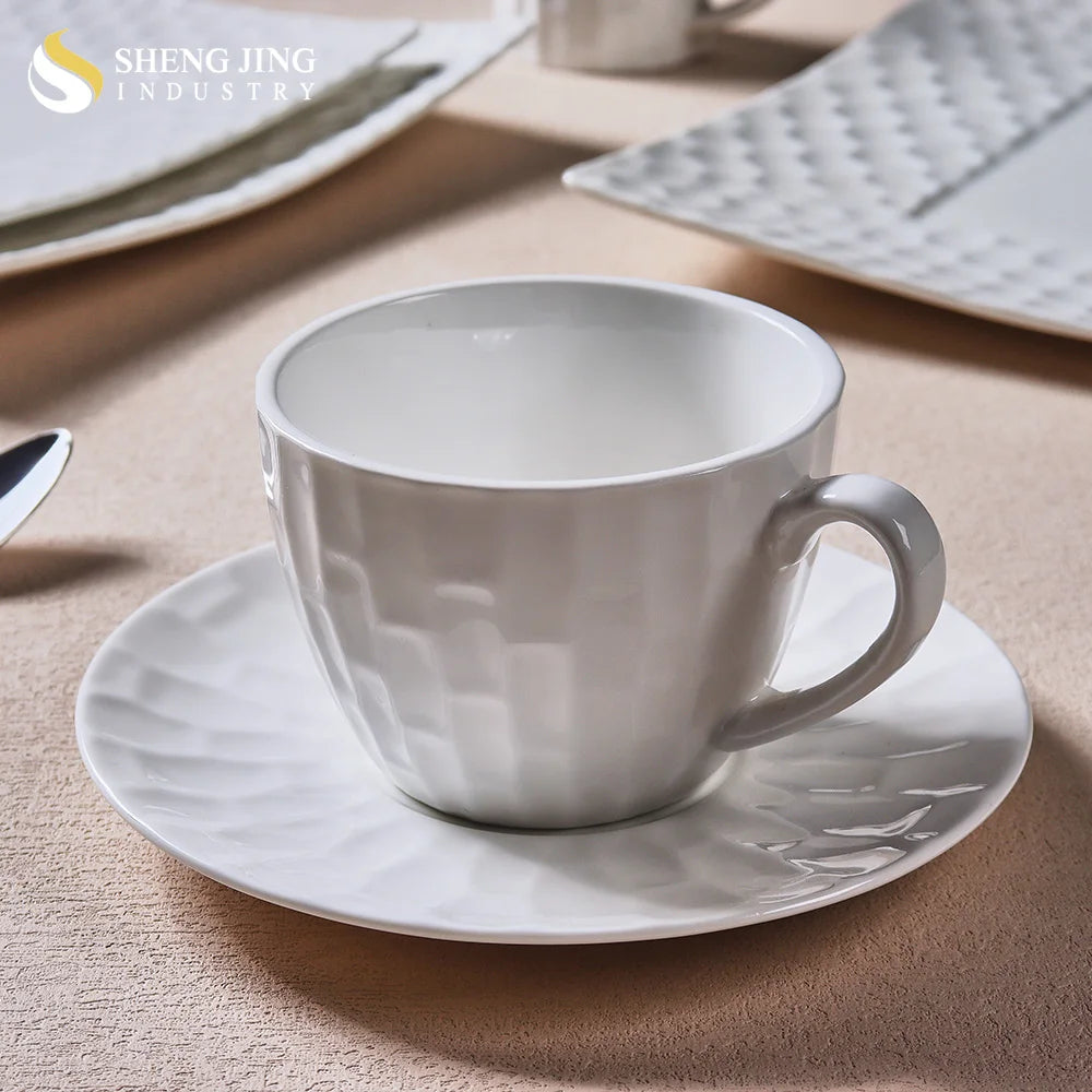 European Vintage White Ceramic Glaze Mug and Saucer Set Modern Porcelain Coffee Mug and Milk Cup for Restaurant Wedding