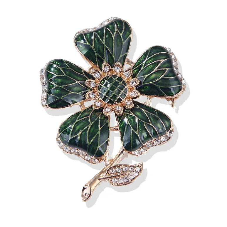 Women's Enamel Brooch Plant Flower Brooch Fashion Clothing Accessories Luxury Exquisite Rhinestone Pins Unique Design Green Pin