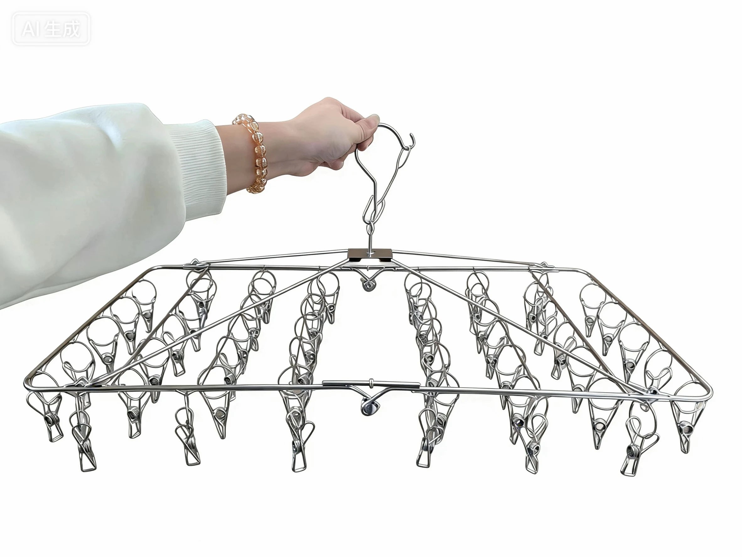 Hot Sales Square Shape Clothes Socks Hanger Peg and Drying Rack Stainless Steel 44 Clips and Folding Metal Silver Modern