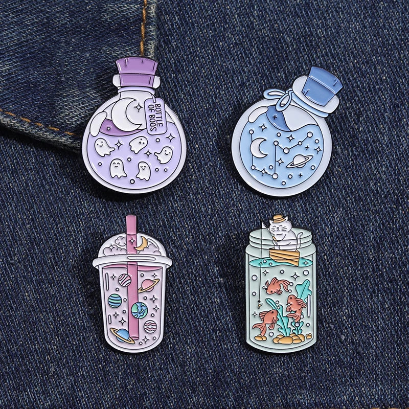 Cute Cartoon Enamel Pin Ocean Starry Sky Bottle Lapel Pin Fish Boo Planet Brooches Badge Clothes Backpack Jewelry Accessories