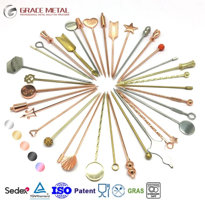 Fast Delivery Professional OEM Custom LOGO Colors Ball Bead Decorative Stick Drinks Beverage Fruit Metal Cocktail Picks