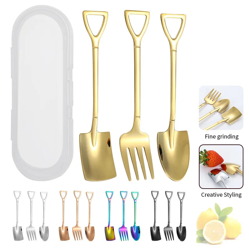 Creative Shovel Shaped 18/8 Stainless Steel Dessert Fork Spoon Silverware Portable Flatware Ice Cream Spoon