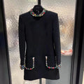 Autumn New British Fashion Retro Exquisite High Grade Color Diamond Standing Neck Long Sleeve Dress