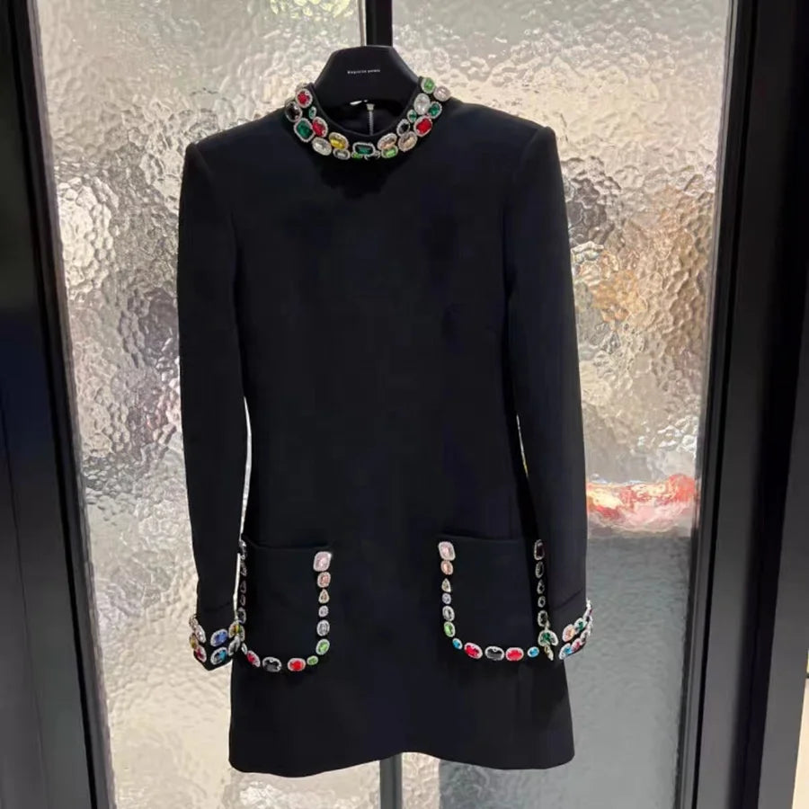 Autumn New British Fashion Retro Exquisite High Grade Color Diamond Standing Neck Long Sleeve Dress