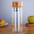 Wholesale Bamboo Lid Transparent Customized Logo Double Layer Glasses