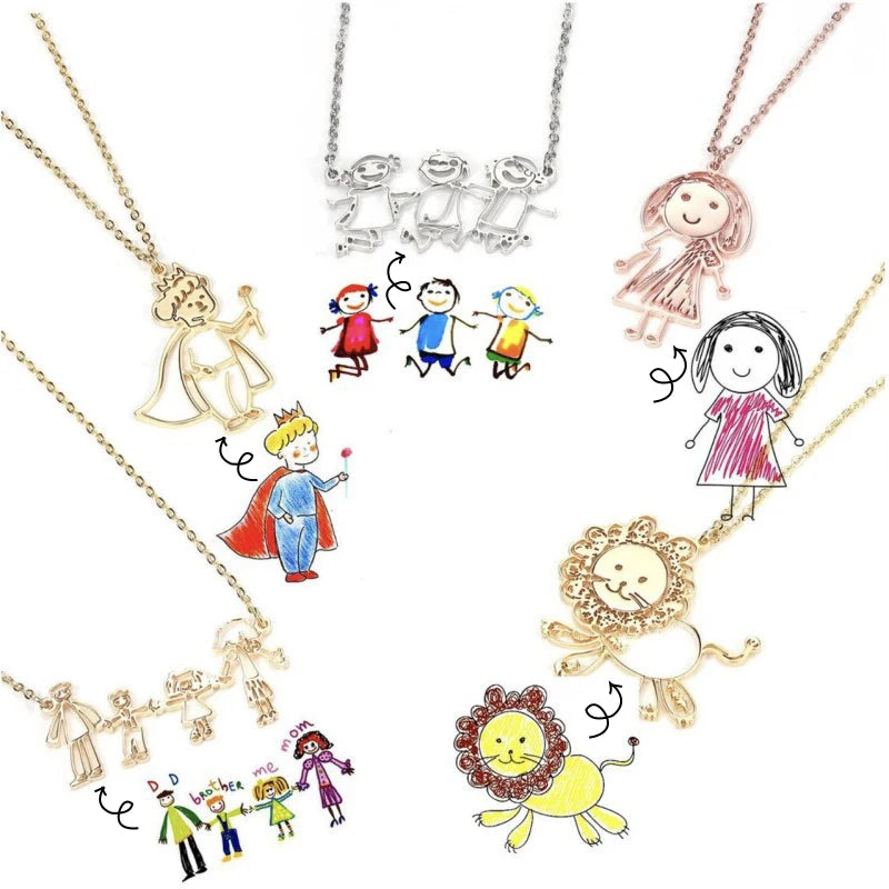 18K Gold Plated Carton Character Pendant Necklace for Kids Trendy Animal Style Pearl Stainless Steel Link Chain Family Drawing