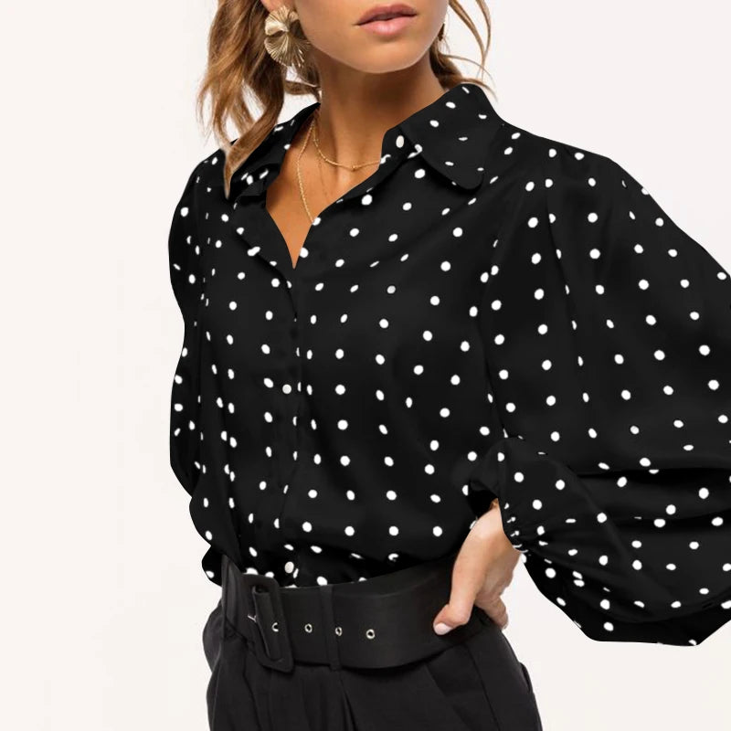 Women White Shirts 2024 Spring Autumn  Dot Fashion Blouses Button Loose Long Lantern Sleeve Lapel Elegant Office Tops Femme