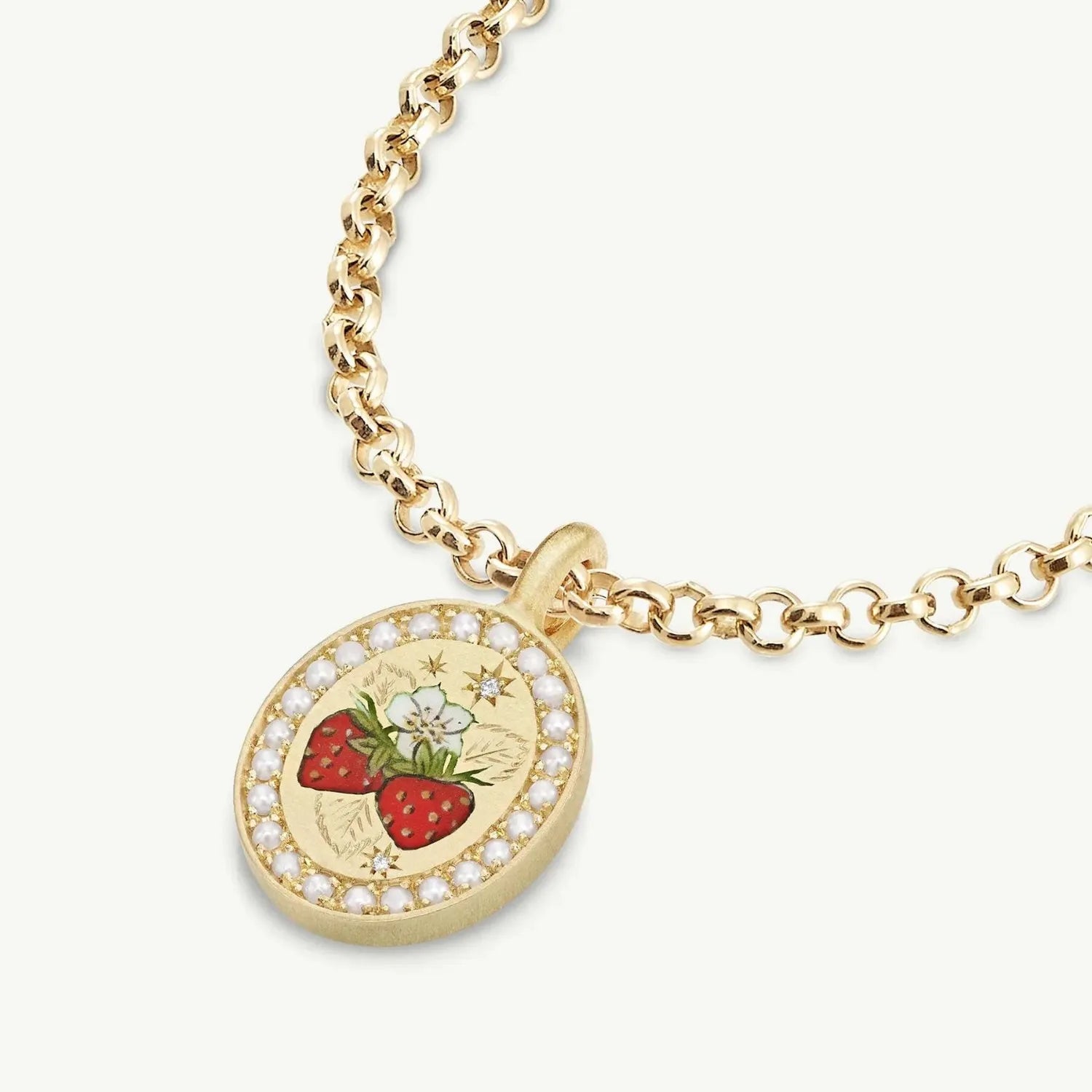 Summer Collection Custom Hand Painted Pearl Strawberry Pendant Signet Necklace for Women 18K Gold Plated Stainless Steel