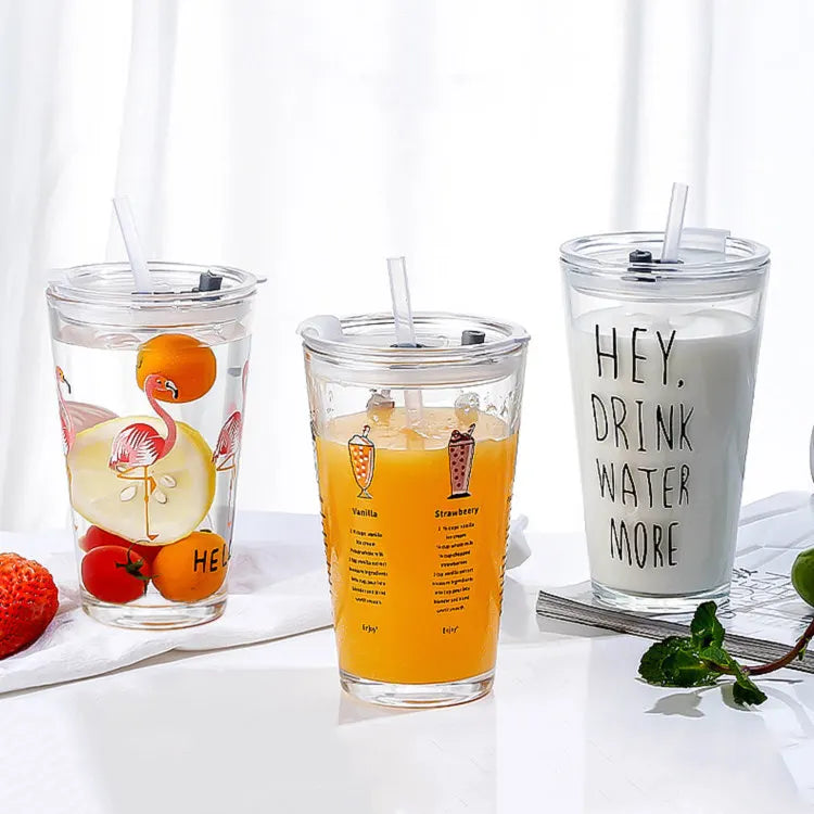 Custom Glass Tumbler Juice Milk Drink Coffee Measuring Cup Water Bubble Tea Boba Cups and Lids and Straw