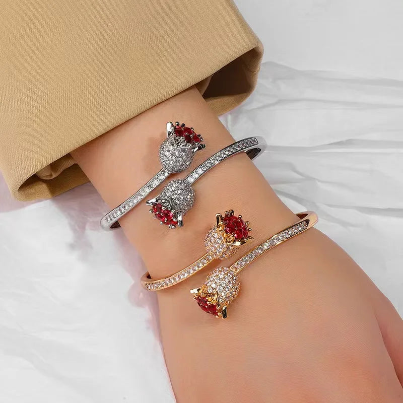Creative Design Gold Plating Micro Pave Cz Safety Pin Bangle Geometric Cubic Zirconia Pink Open Flower Bangle