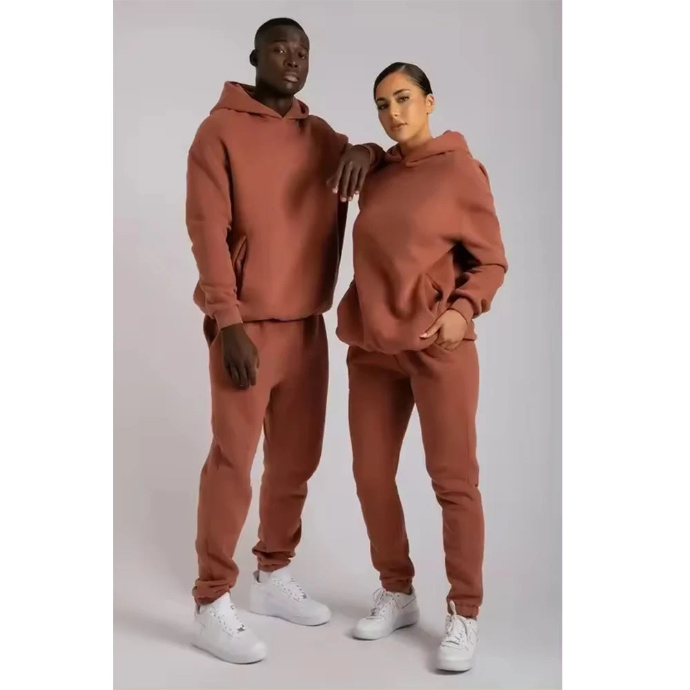 High Quality Two Piece Jogger Pants Set Unisex Heavyweight Fleece Winter Custom Slim Fitness Pullover Hoodies Set Men