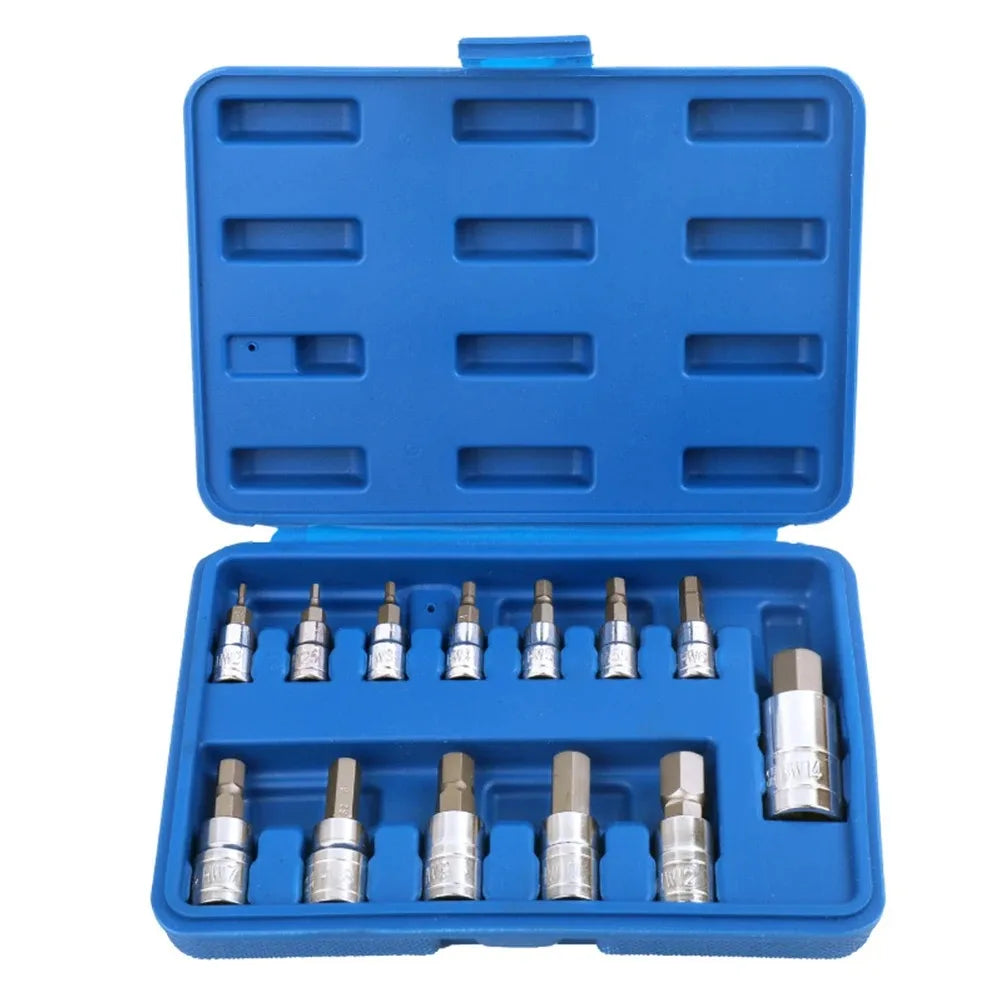 13pcs Home Tool Kits Vanadium Steel 1/4'' 3/8 and 1/2" Drive H2-H14 Star Torx Bit Socket Set