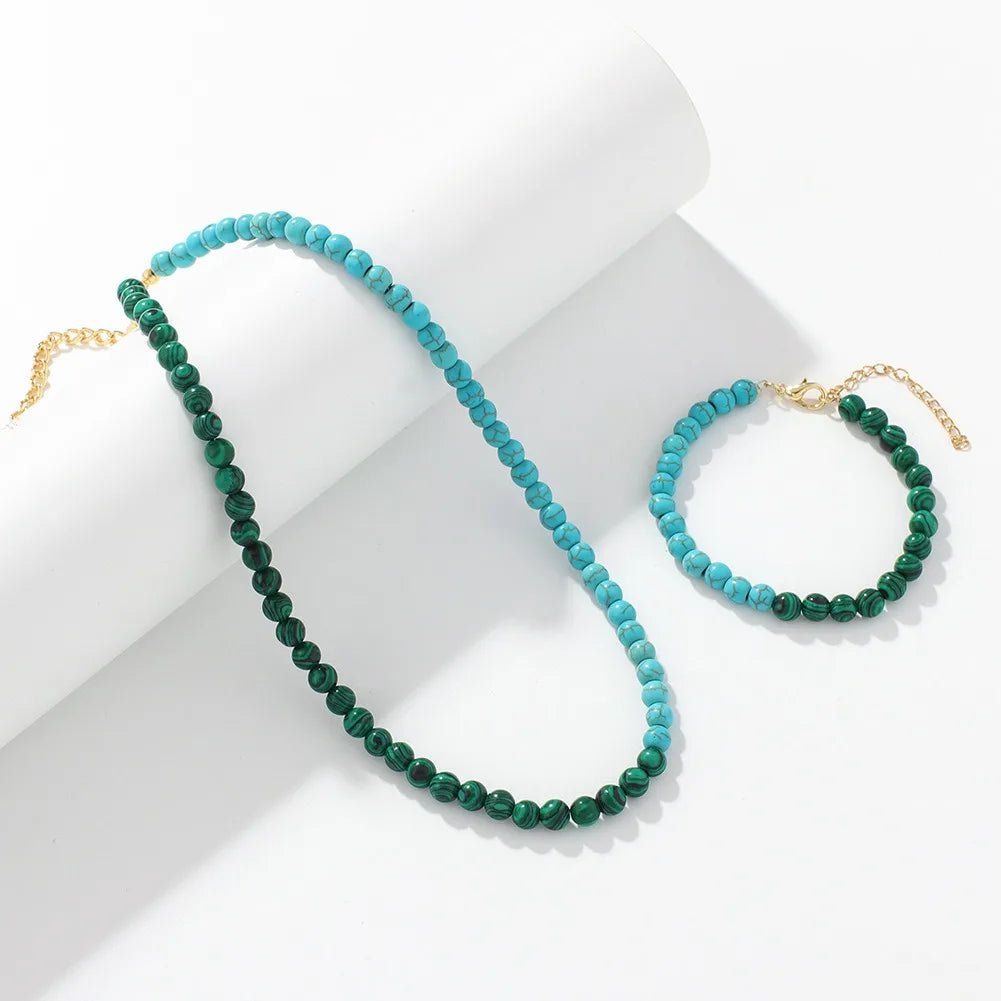 Trendy Blue Turquoise Stone Necklace Green Malachite Beaded Bracelet Set 18K Gold Stainless Steel Jewelry for Women Girls Gift