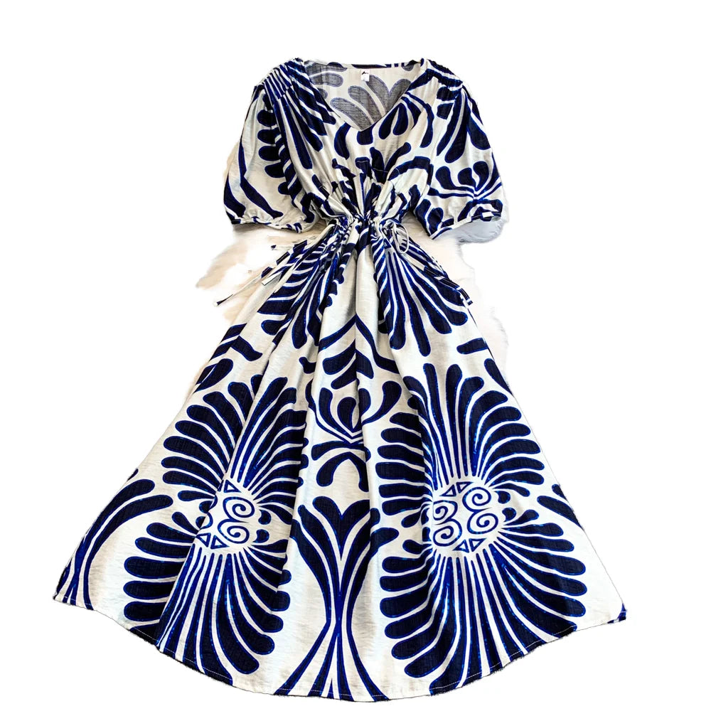 Professional Custom Factory Direct Summer Clothes Line Large Swing Long Casual Dresses for Women Printed V Neck Apparel