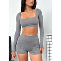 Fitness Gym Workout Shorts Sets Sports Clothing 2 Piece Long Sleeve Crop Top and Yoga Short Set for Women
