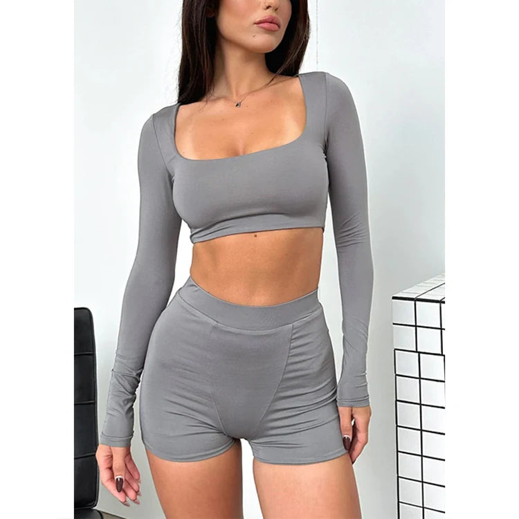 Fitness Gym Workout Shorts Sets Sports Clothing 2 Piece Long Sleeve Crop Top and Yoga Short Set for Women