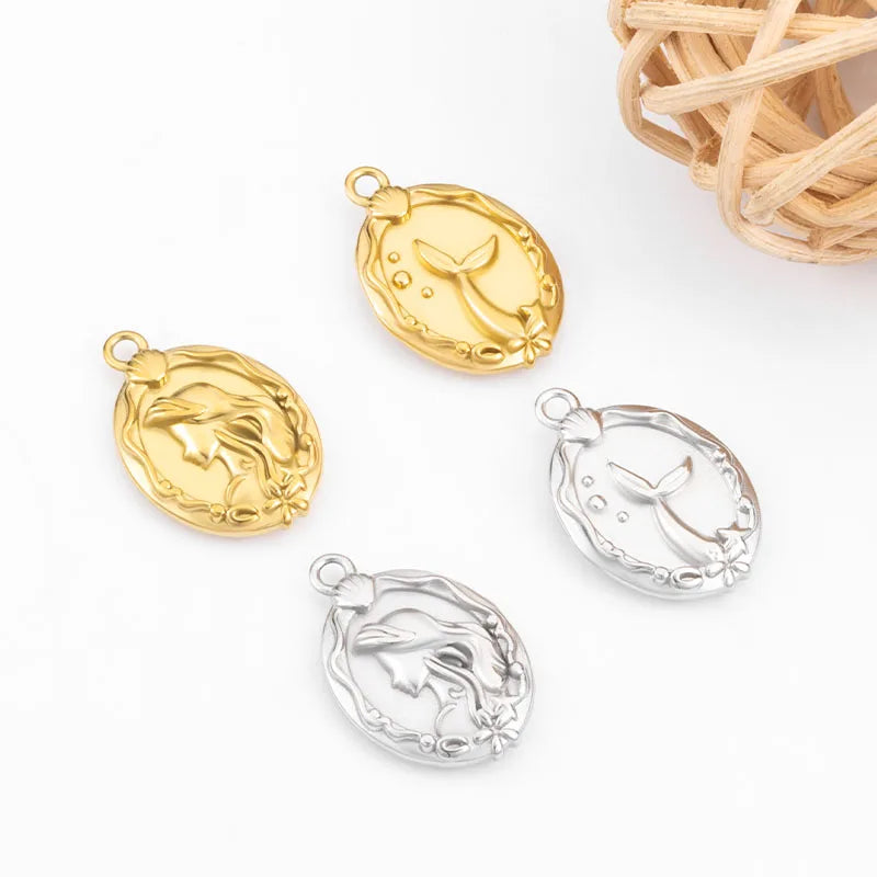 Delicate Stainless Steel Mermaid Pattern Pendant Charm Double-Sided Elliptical Design 18K Gold Plating DIY Jewelry Accessories