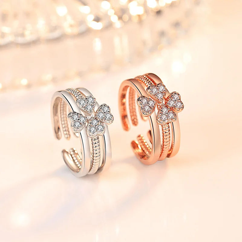3 in 1 Love Heart Four-Leaf Lucky Clover CZ Crystal Combination Open Rings for Women Bridal Wedding Engagement Jewelry Gifts
