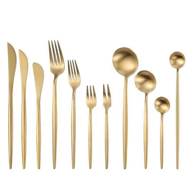 Hot Gold Matte Stainless Steel Cutlery Set Disposable Wedding Flatware Including Spoon Fork Knife-Golden Silverware