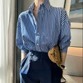 7857# Women's Y2K Style Chiffon Stand Collar Long Sleeve Blouse Striped Summer Tops