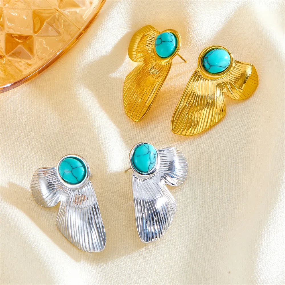 DAIHE Green Natural Stone Stainless Steel Butterfly Wing Stud Earrings Fashion Trendy Statement Charm Golden Jewelry Women