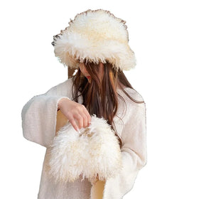 Fashion Designer Part Wide Brim Fluffy Faux Fur Warm Winter Bucket Hats with Bag for Women