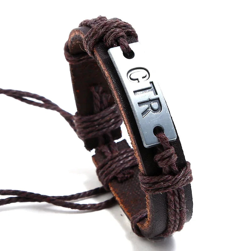 Wholesale Vintage Genuine Leather Handmade Zinc Alloy Antique Silver Plated Adjustable CTR Letter Cuff Bracelet for Men