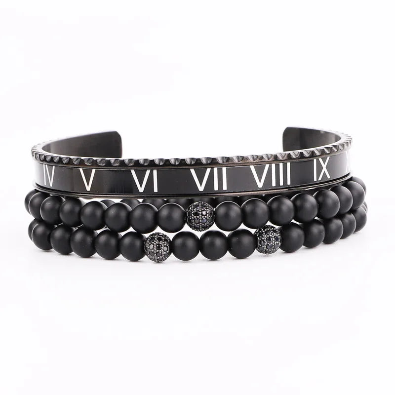 Stone Beads Bracelet Women Natural Stone Beaded Elastic Stainless Steel Bangle Bracelet Set for Men