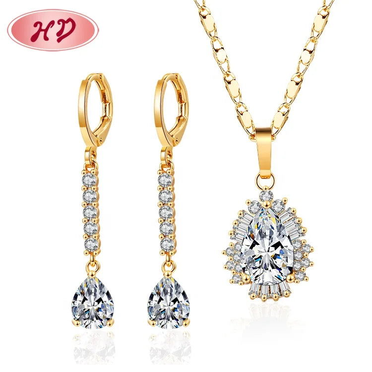 Trending Jewellery 18k Gold Plated Brass Black Dainty Zirconia Pendant Necklace Drop Earring 2 Pcs Sets for Women