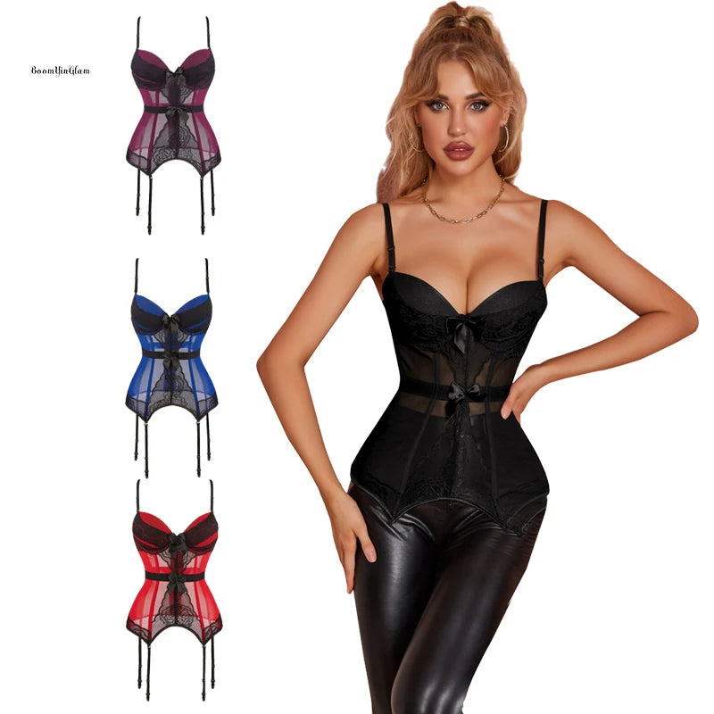 Women Deep V Lingerie Lace Sleepwear Outfits Plus Size Corset Light Control Woven S-6XL