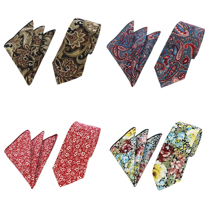 Men 6cm Slim Floral Neckties With Matching Pocket Square Set Handmade Cotton Tie Men's Flower Ties Hanky for Wedding Mata or OEM