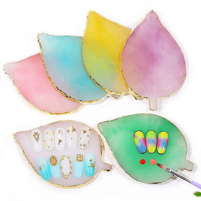 Finger Nail Art Mixing Colorful Resin Stone Nail Display Paint Tray Palette Plates with Golden