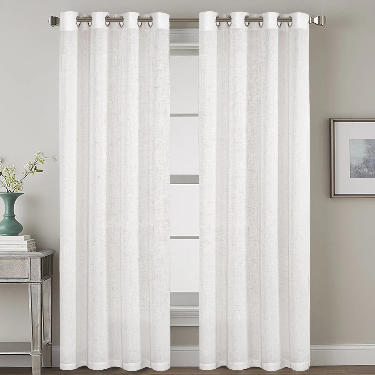 Modern Simple Style Natural Linen Solid Color Sheer Curtain Livingroom and Bedroom Voile Curtain with 2 Panels
