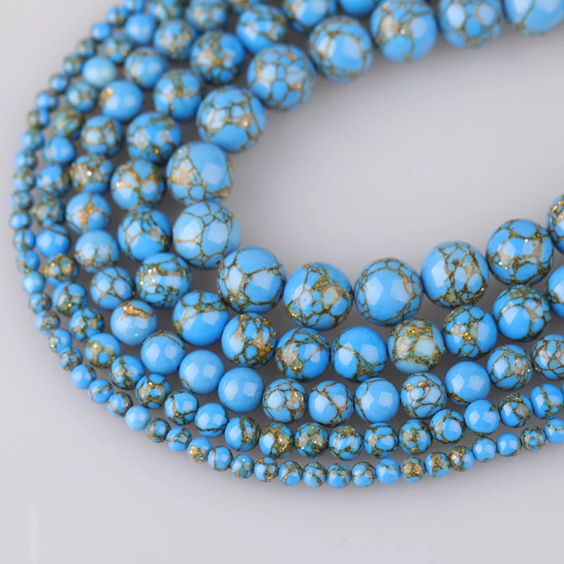Wholesale 4/6/8/10/12MM Round Blue Gold Line Turquoises Stone Beads Loose Bead for Jewelry Making DIY