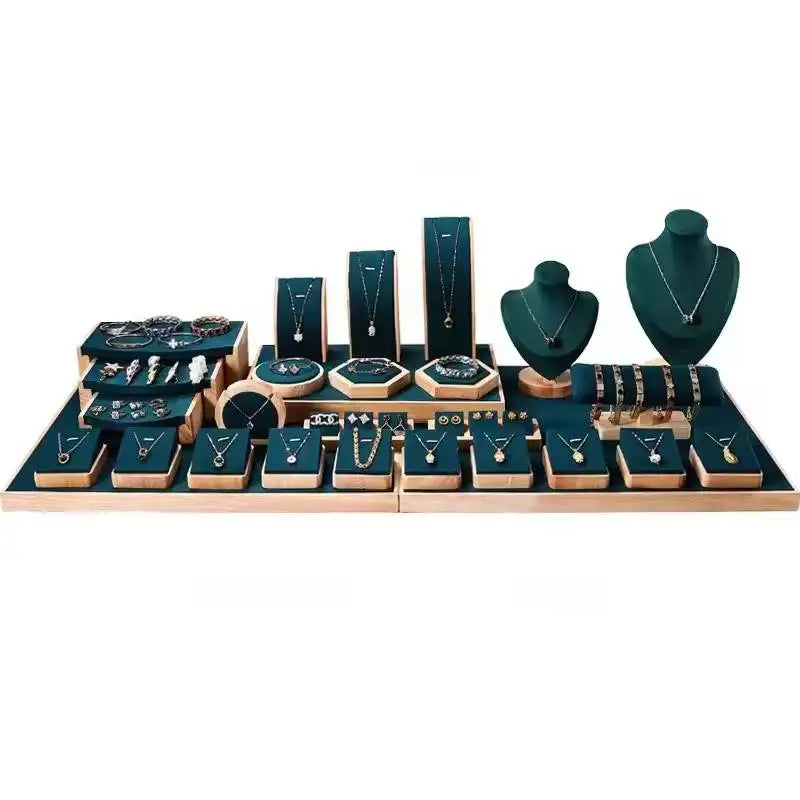 Dark Green Velvet Fabric Jewelry Counter Display Tray Wood Stand for Necklace Earrings Ring-Versatile Storage and Display