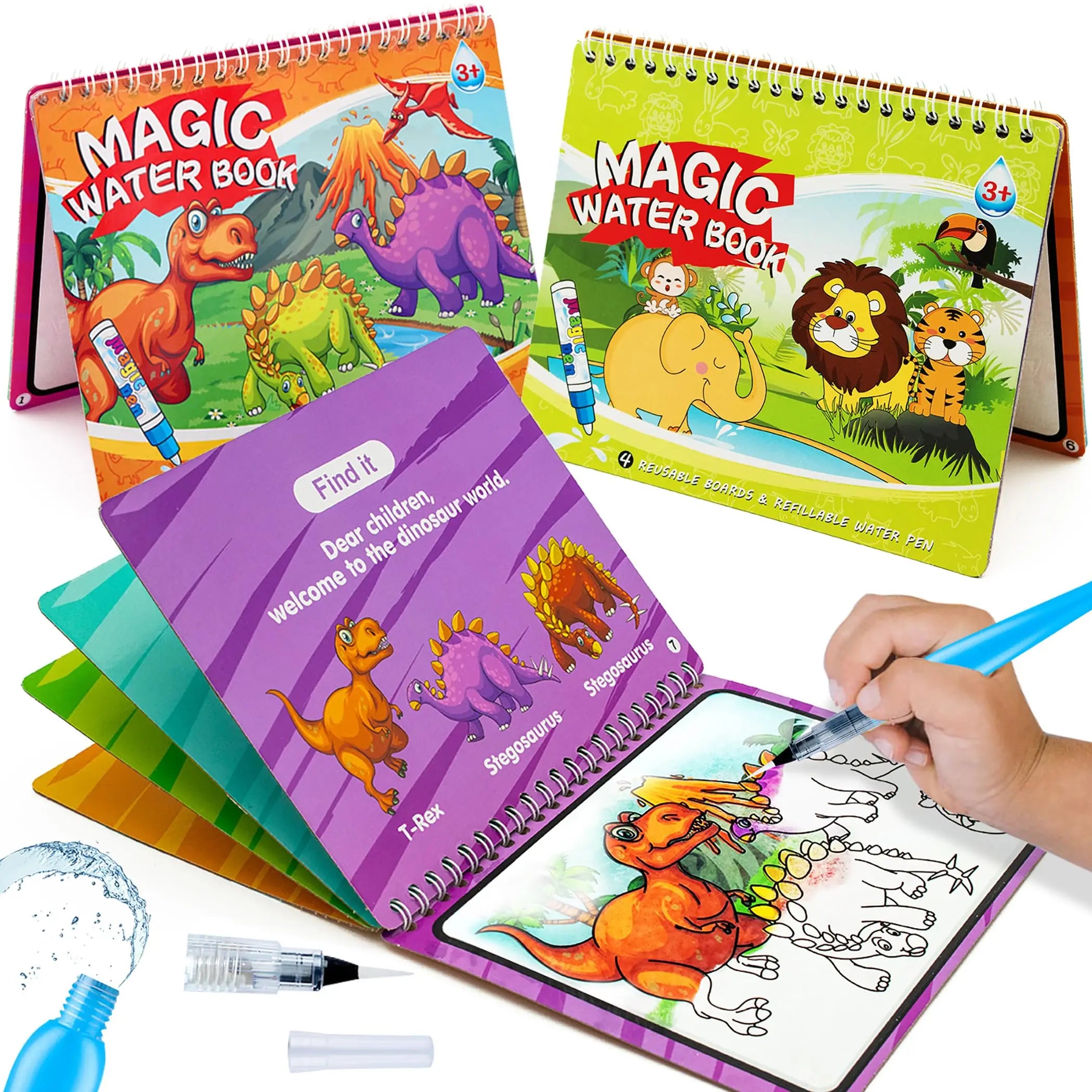Magic Water Paint Coloring Books for Toddler Art  Educational Learning Doodle Toy Gifts for Girl Boy (Dinosaur Animal 2 Pack)