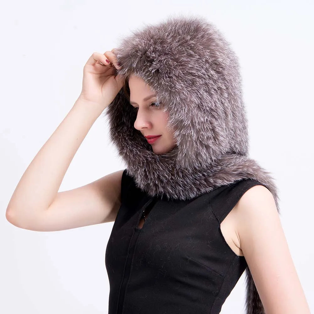 MWFur Fashion Winter Women Fox Fur Hat with Scarf Fox Hood Fur Hat Hand Knitted Hood Scarf for Lady
