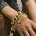 Hot Selling Gold Plated Cuban Link Chain Bracelet Punk Style Coin Heart Charm Medal Statement Bracelet