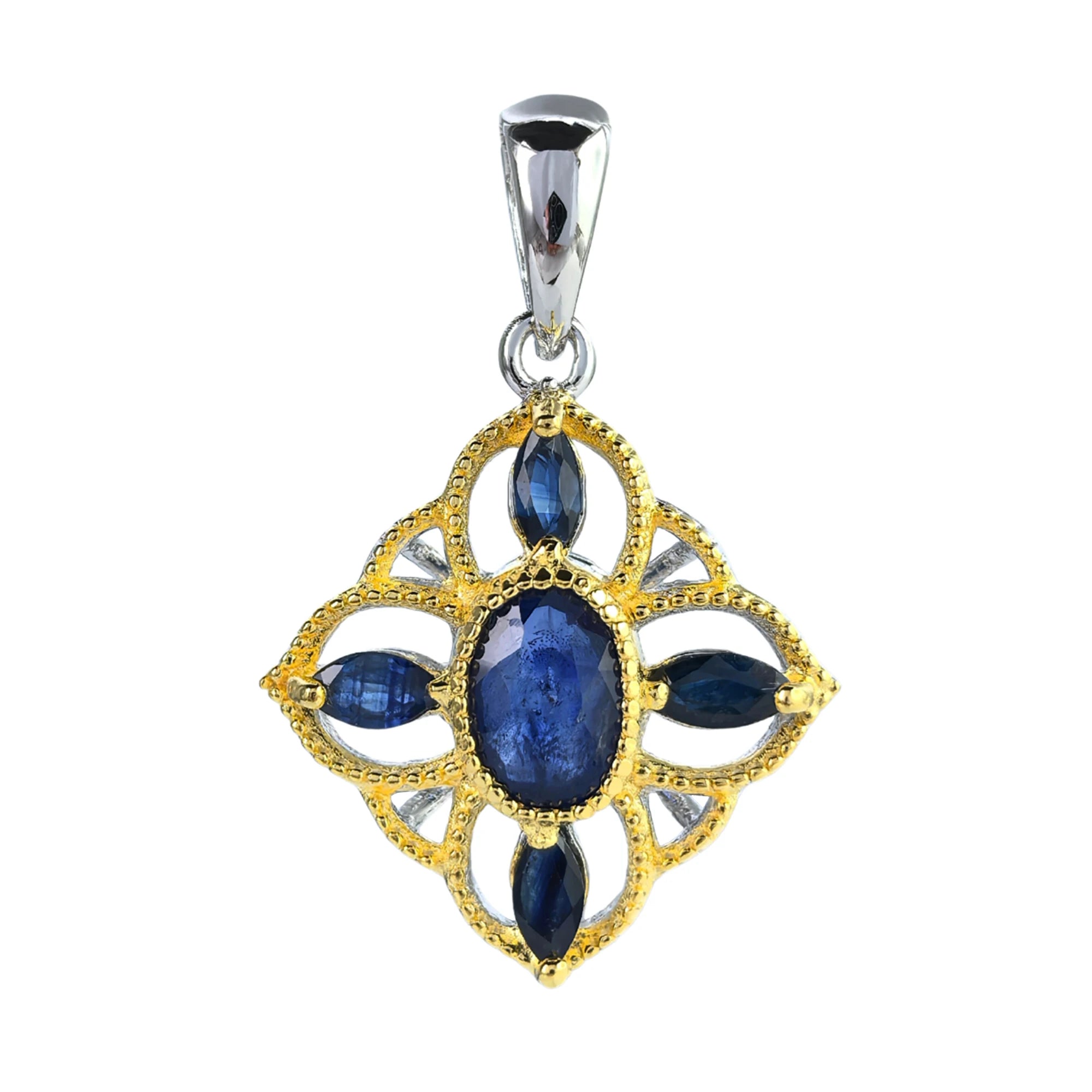 Charming Rhodium and Gold Plated 925 Silver Jewelry Natural Sapphire Four Leaf Clover Pendant for Women Birthday Gift