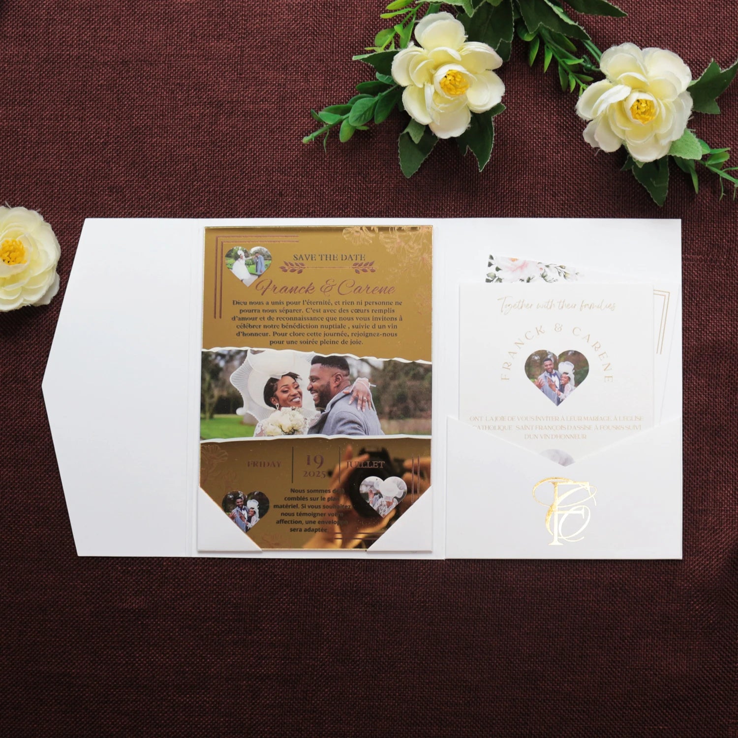 Hot Sale Custom Photo Color Printing Gold Mirror Acrylic Wedding Invitation with Tri Fold Jacket RSVP Foiled Pocket