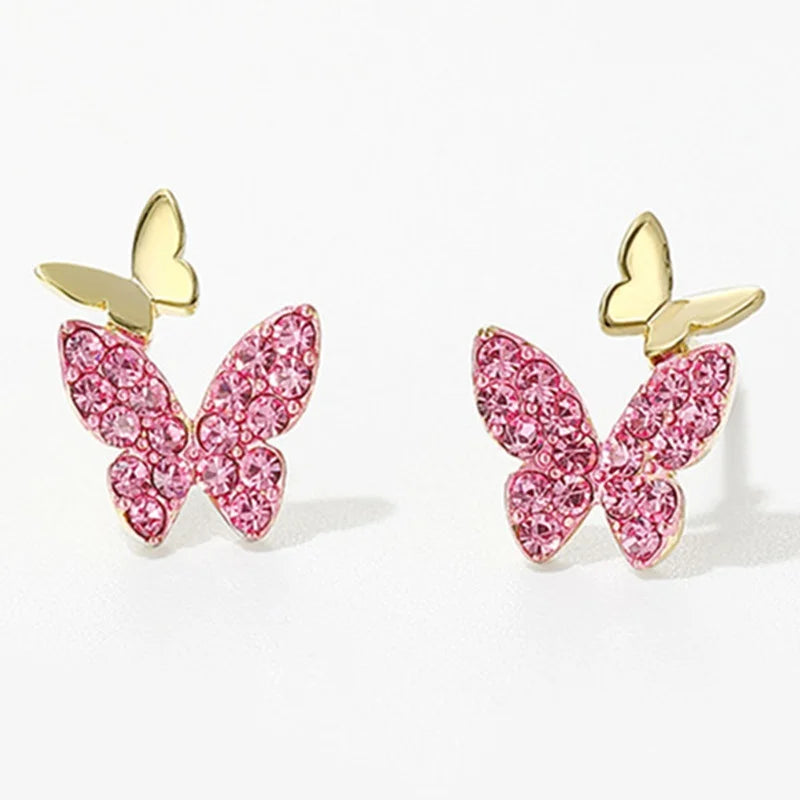CAOSHI Delicate 18k Gold Micro Paved Crystal Double Butterfly Stud Earrings for Women Princess Rhinestone Earrings Jewelry