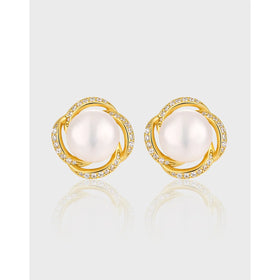 2024 New 925 Sterling Silver Fancy Flower Zircon Pearl Charm Stud Earrings for Girls