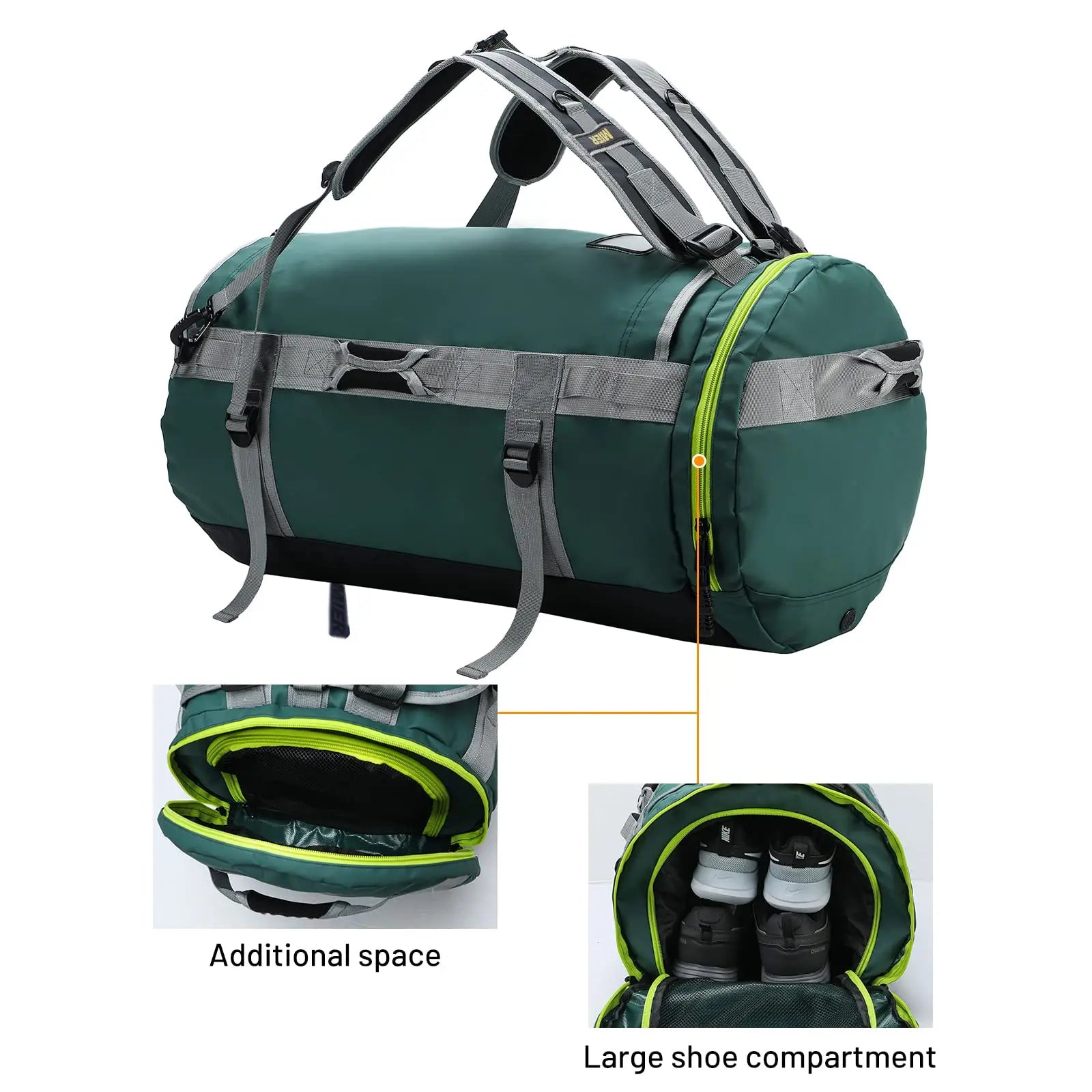 Olive Green Round Shaped Travel Duffle Bag for Mens Carry on Luggage with Backpack Straps