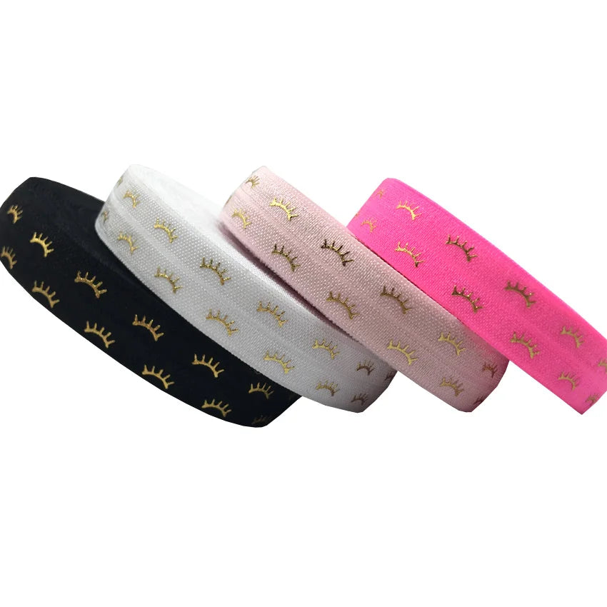 4 Colors 100 Yards Gold Foil Eyelash Print Fold Over Elastic Webbing 5/8" Eyelashes FOE Girls Hair Band Ribbon DIY Headwear