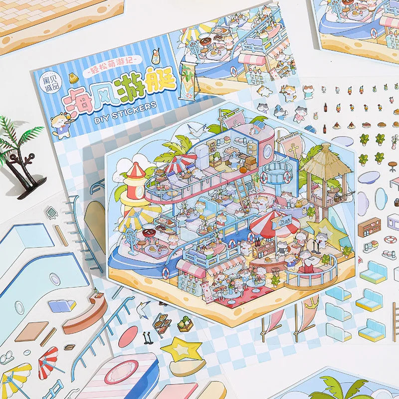 Easy Moe Traveler Series Large Scenic Cartoon Cute Handbook Scene Decorative Stickers 3 Sheets Per Pack