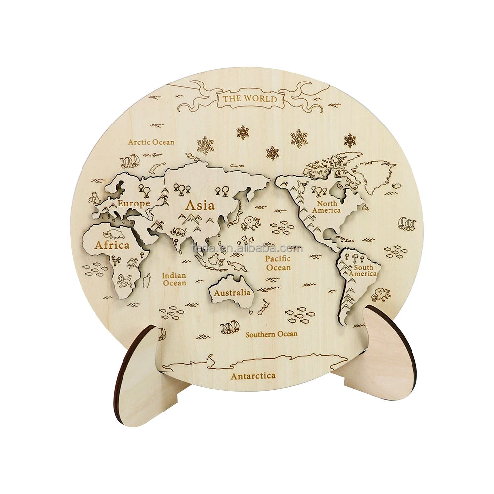 Montessori Wooden World Map Puzzle Natural Wood Children Jigsaw IQ Game Educational Creative Preschool Toys Continent Countries